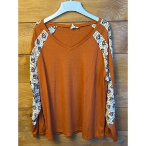 Grace & Emma Orange Floral Sleeve V Neck Long Sleeve Thermal Top Women's XL Fall